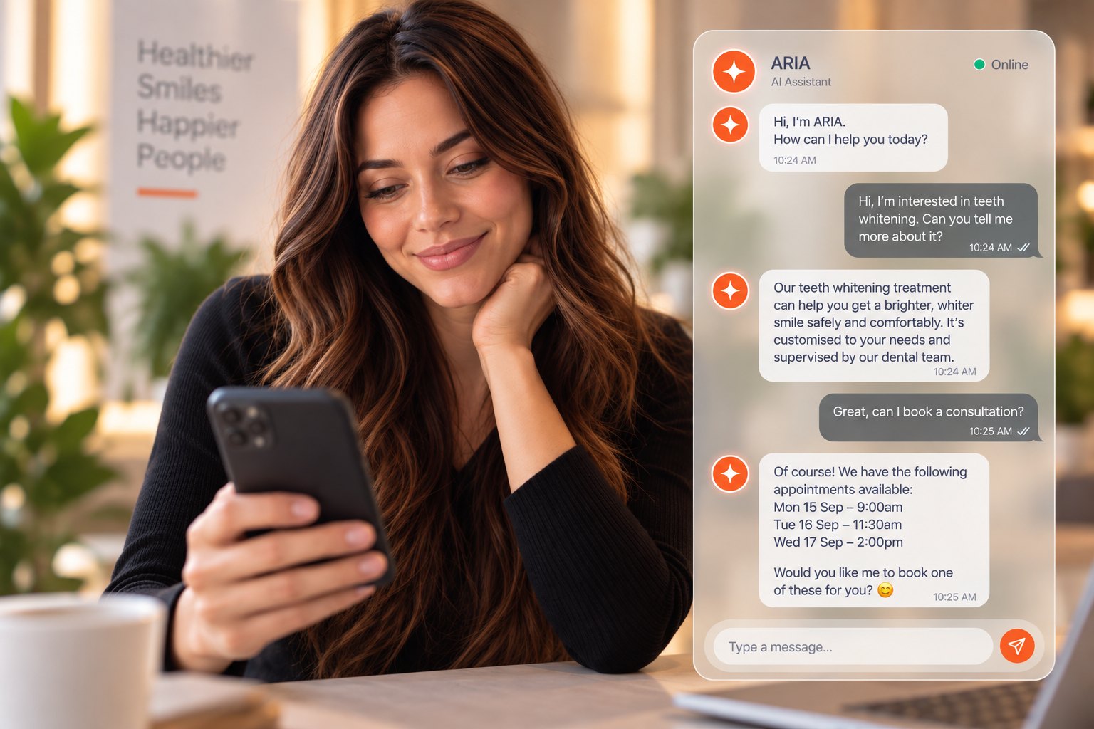 A patient messaging ARIA about teeth whitening and being offered appointment times to book.