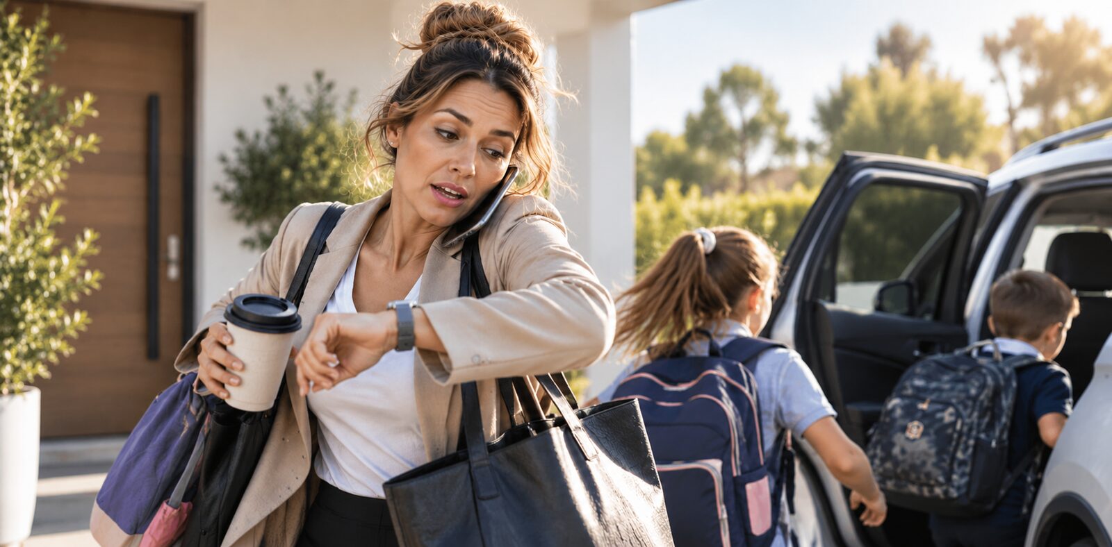 A mother on the phone, coffee in hand, checking her watch while her children climb into the car on a rushed school morning.
